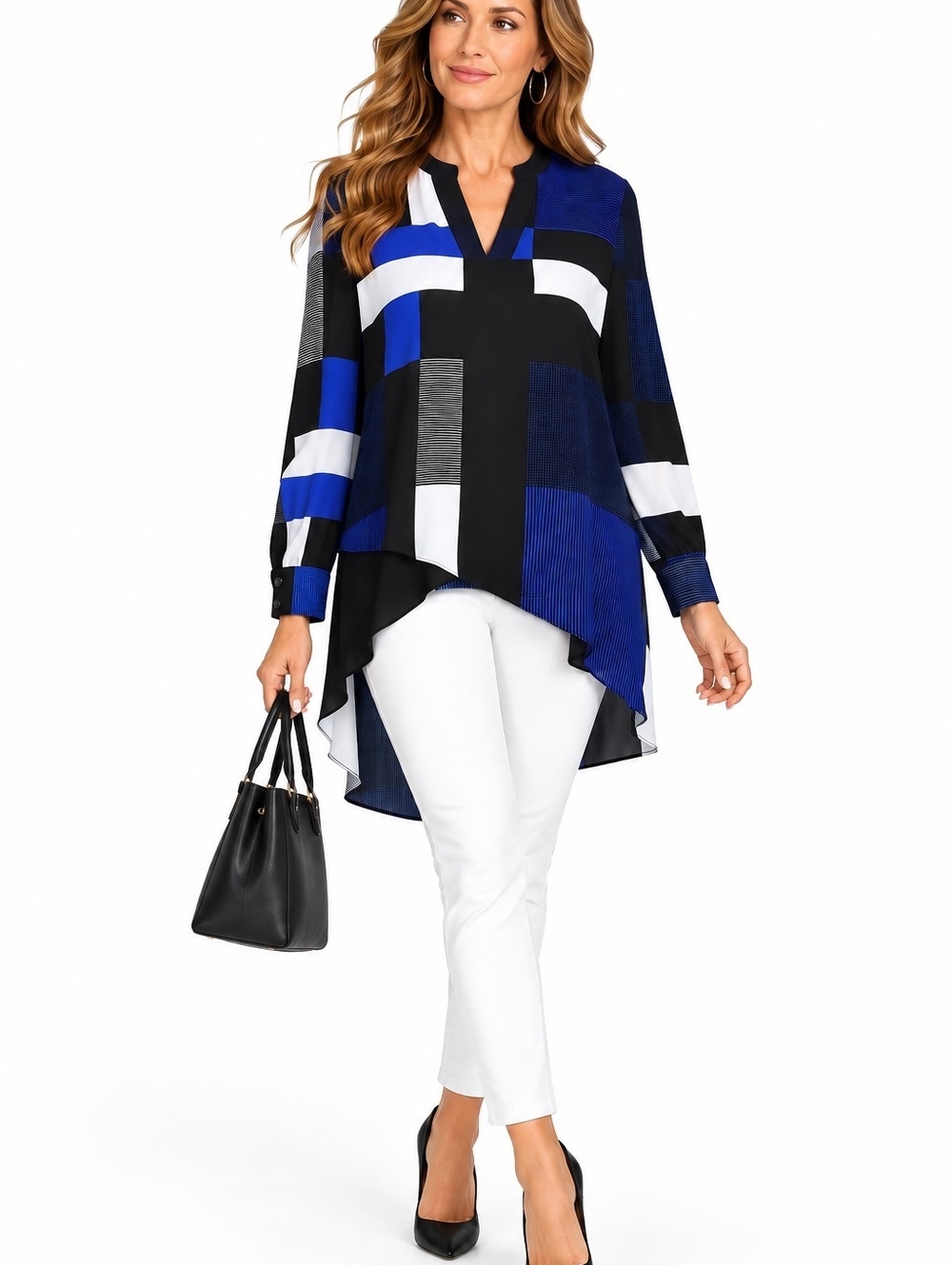 Chico’s Size 0 Geometric Layered High Low Tunic Blouse Blue Black